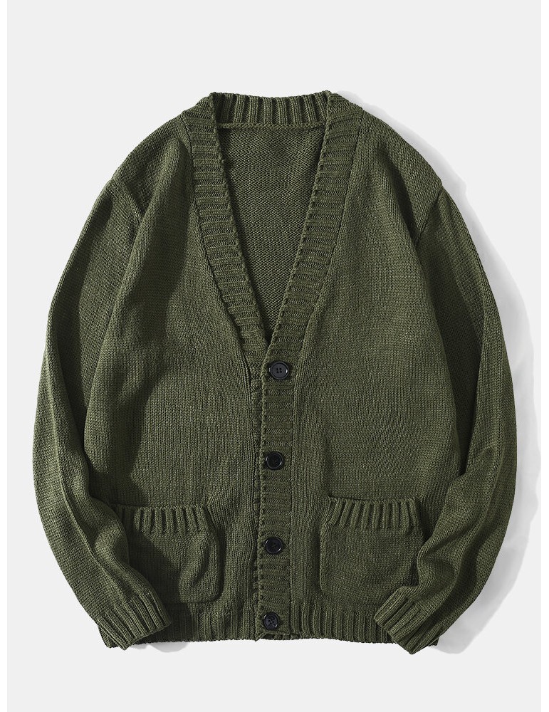 Men Vintage Knit Button V-Neck Double Pockets Casual Cardigans