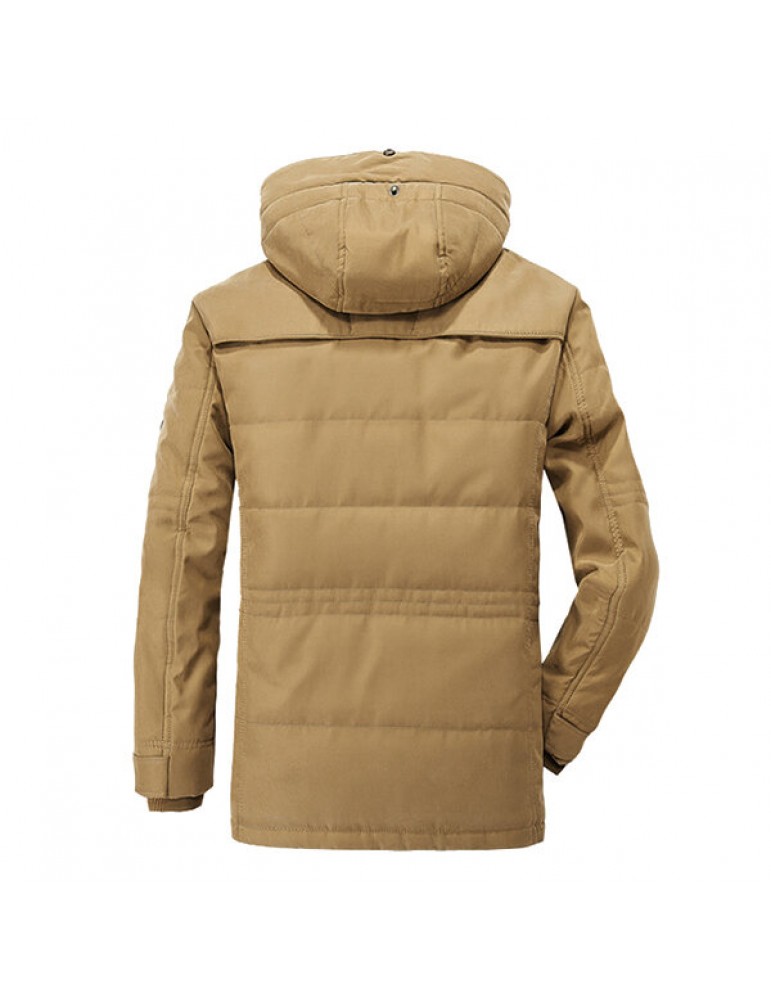 Mens Thick Fleece Winter Coat Hooded Outdoor Solid Color Jacket