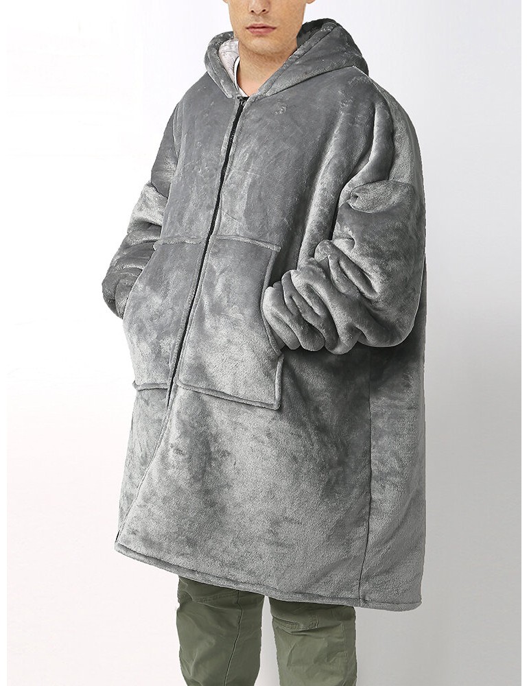 Mens Flannel Warm Soft Solid Color Zipper Kangaroo Pocket Blanket Hoodie Oversized Home Robes
