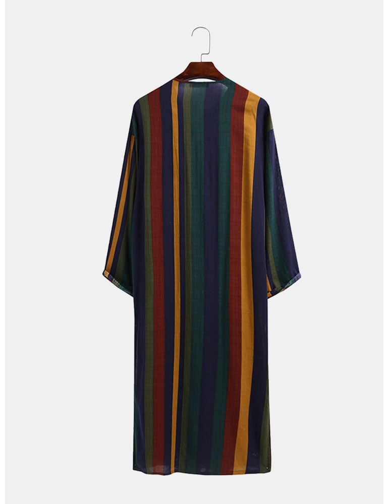 Mens Vintage Multi-Color Striped Print Button Up Home Casual Long Sleeve Robes With Pockets