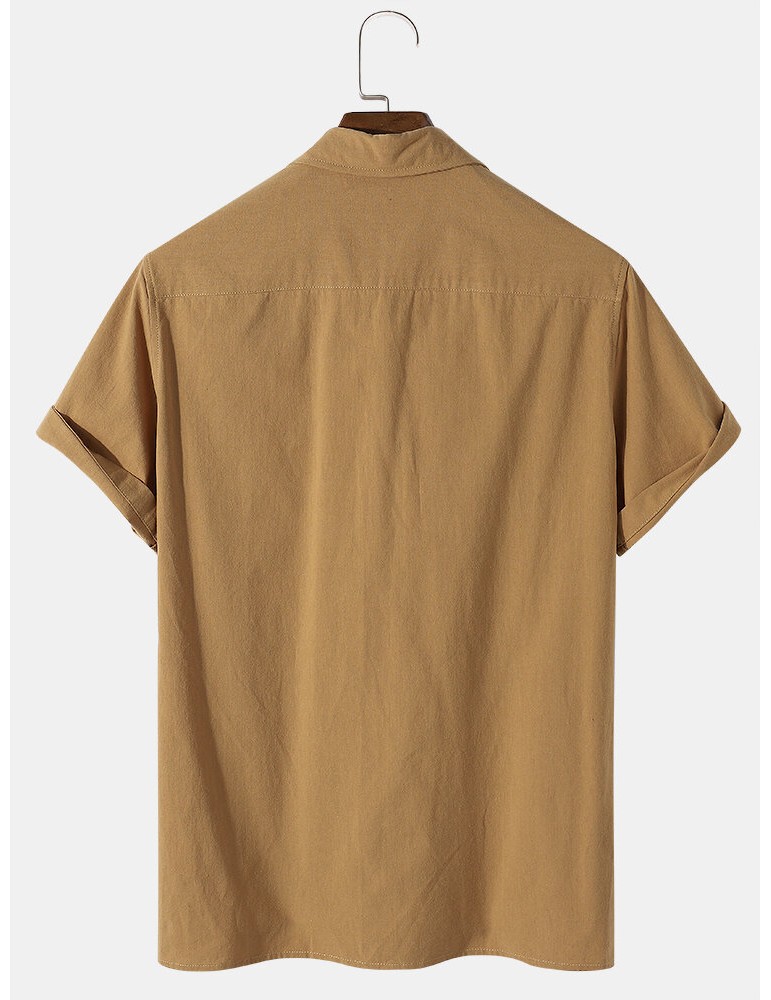 Mens 100% Cotton Basic Solid Color Lapel Short Sleeve Golf Shirt
