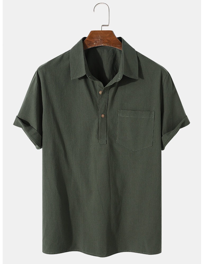 Mens 100% Cotton Basic Solid Color Lapel Short Sleeve Golf Shirt