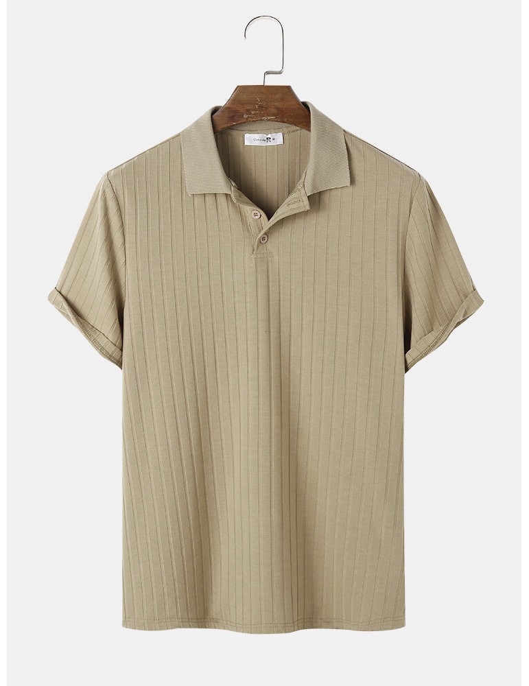 Mens Ribbed Texture Solid Color Short Sleeve Casual Golf Shirt